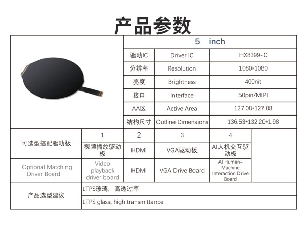 5.0 寸圆形液晶显示屏